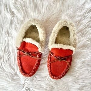 J. Crew Lodge Red Suede Leather Shearling Moccasin Slippers House Shoes